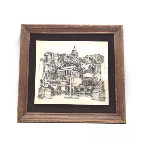 Washington Scene Framed Etching - Picture 1 of 6